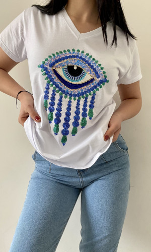 Büyük Göz Desenli Pul Payet V-Yaka T-Shirt 